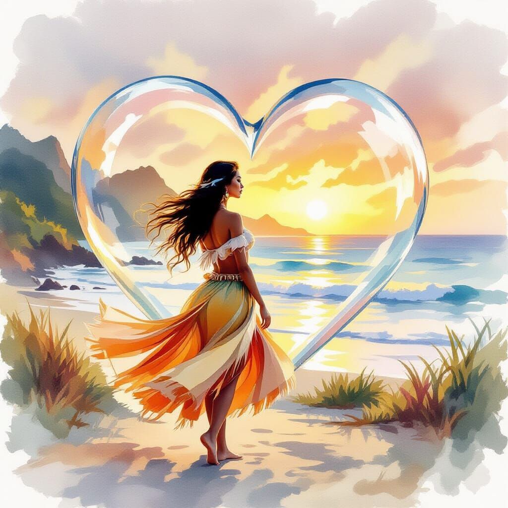Hawaiian Hula Dancer in Watercolor Heart