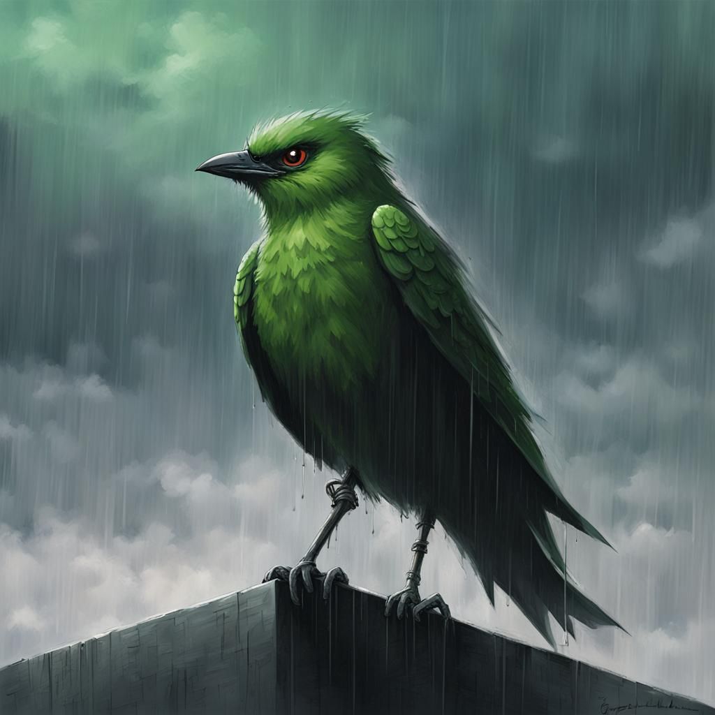 Green Ninja Bird in Rainy Sky, Sinister Art