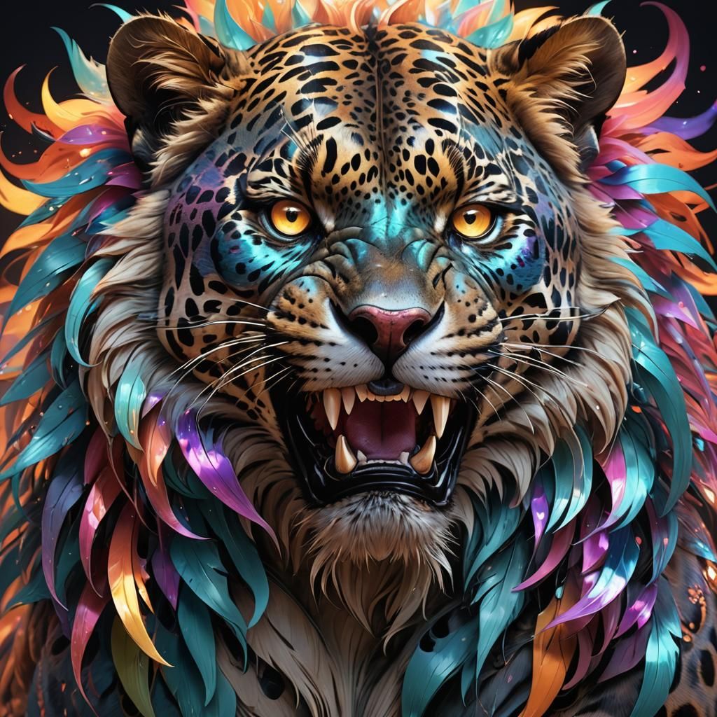 Iridescent Jaguar Portrait with Flaming Fur