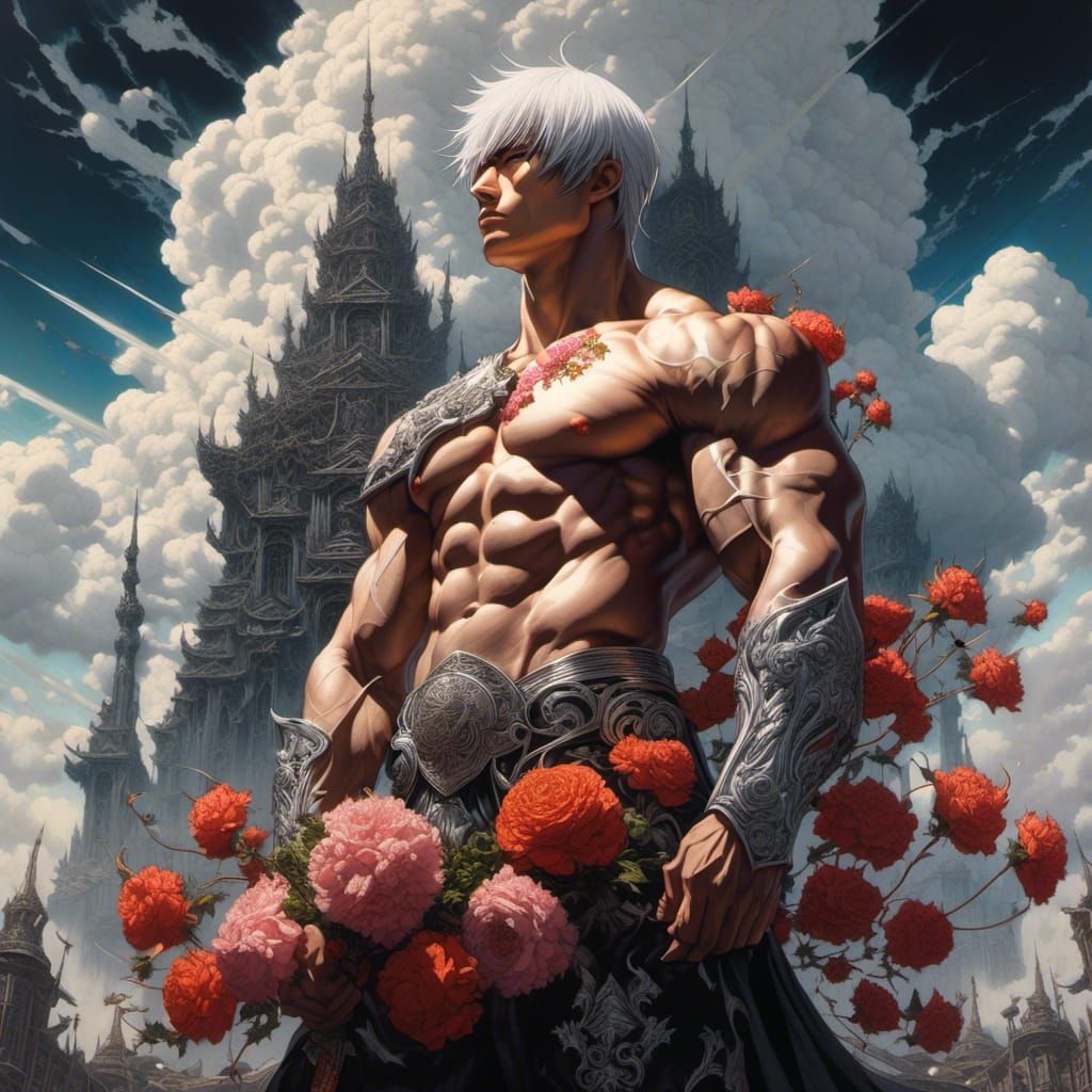 Angry Man with Flowers Before Ivory Tower