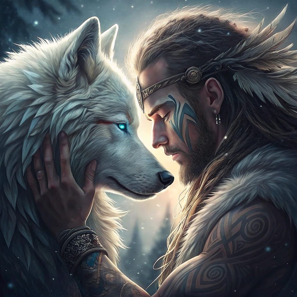 A Wounded Warrior and a Noble White Wolf in Mystic Bond