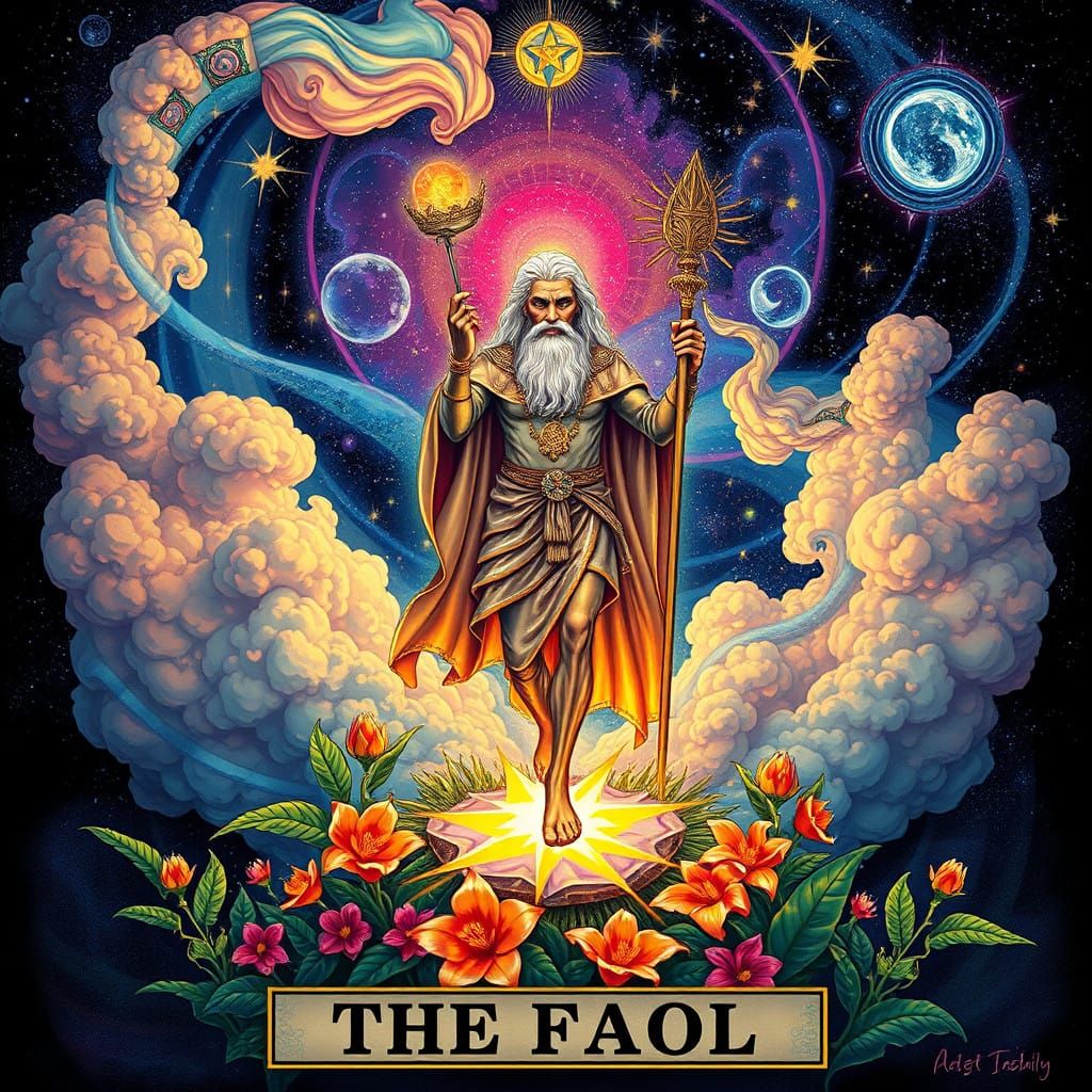 Cosmic Fool Tarot Card: Vibrant, Psychedelic Illustration