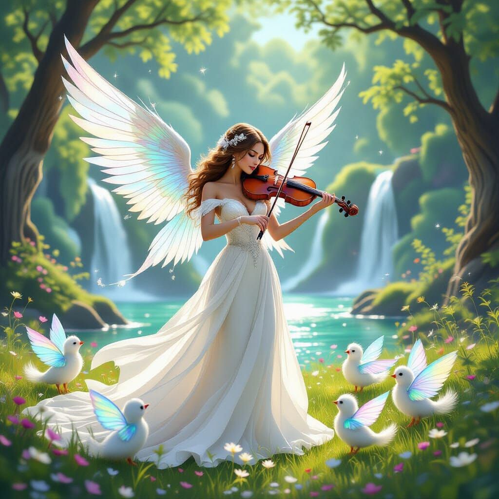 Ethereal Violinist in Enchanted Meadow, Art Nouveau Style