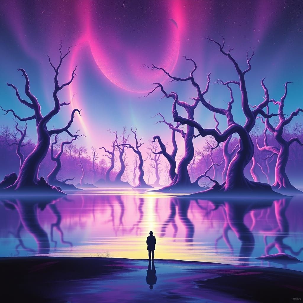 Dreamlike Purple Landscapes with Iridescent Lake and Glowing...