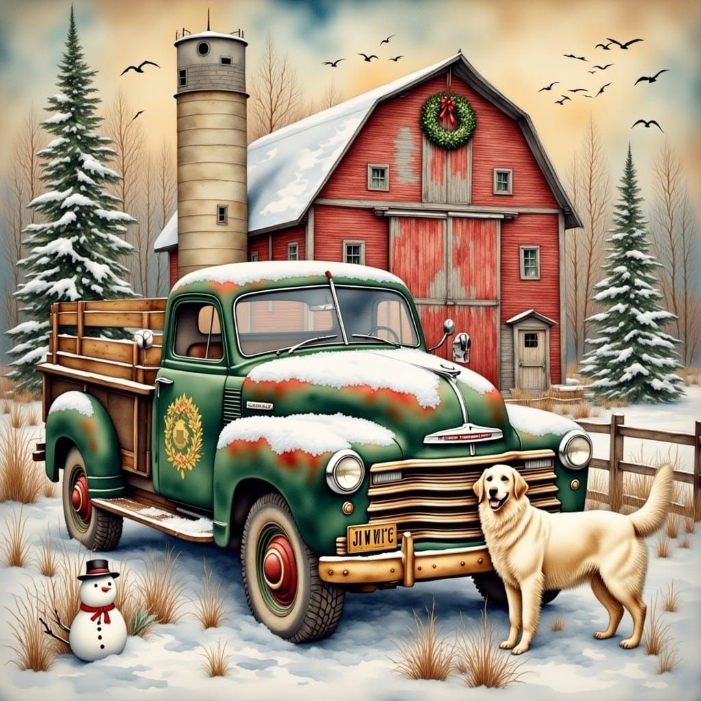 Vintage Pickup Truck in Snowy Watercolor Farm Scene