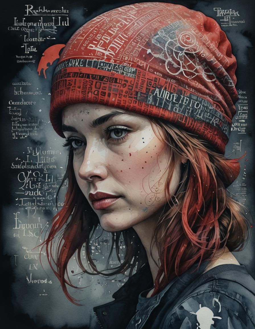 Typographic Portrait of Woman in Red Beanie