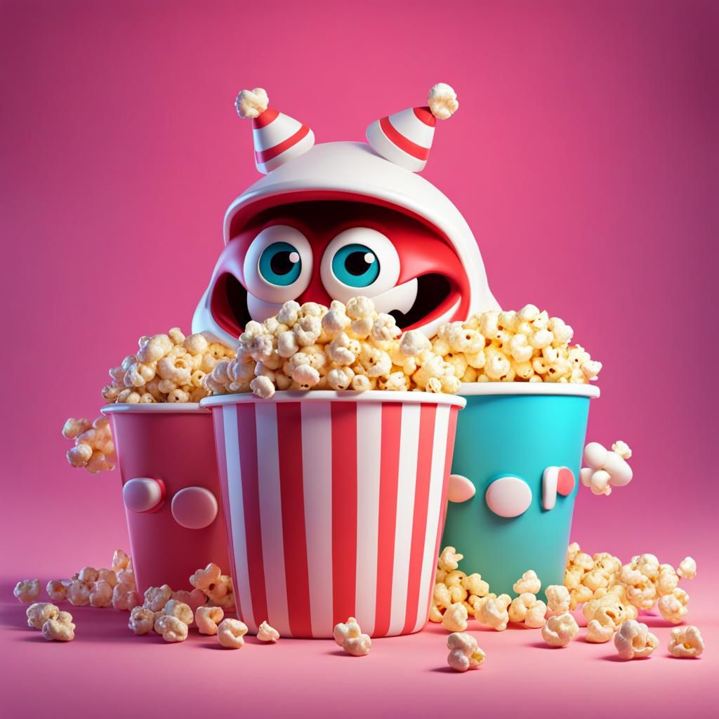 Popcorn Monster Enjoys Sweets: 3D Digital Art