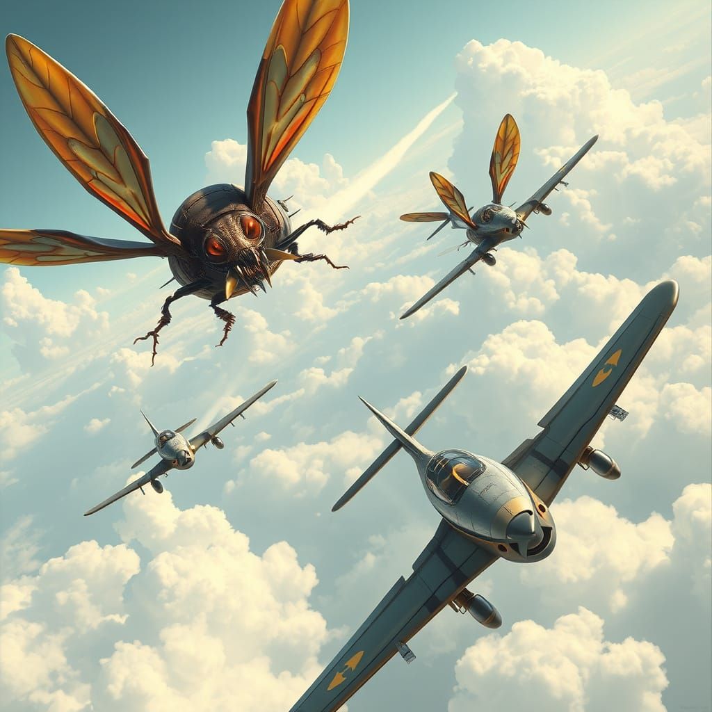 Vintage Jet Fighters Engage Iridescent Insects in Mid-Air Do...