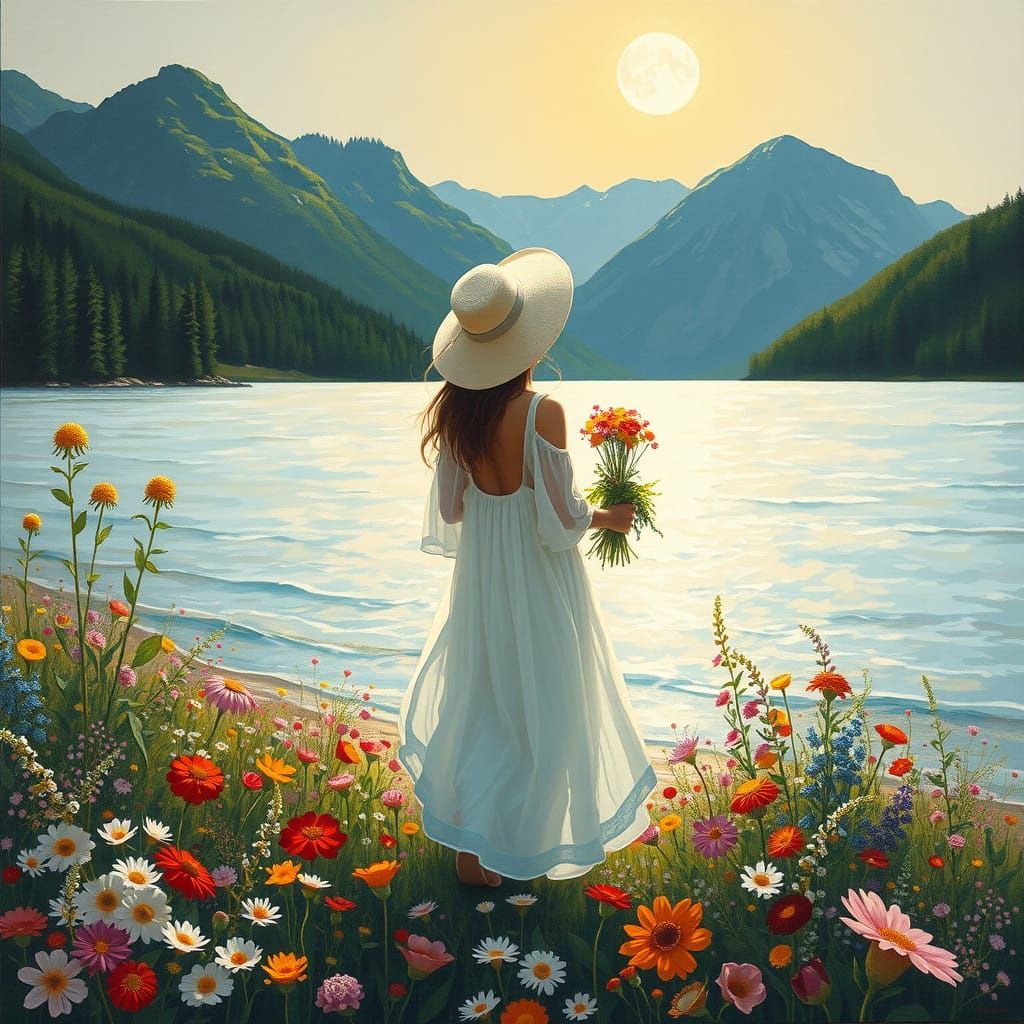 Serene Woman Gazes at the Rising Moon over a Vibrant Floral ...