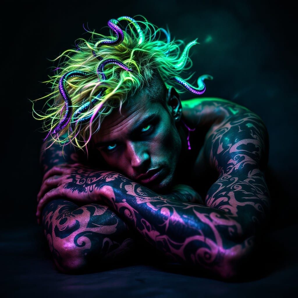 Chiseled Nordic Warrior Reclines in Neon-Lit Contemplation