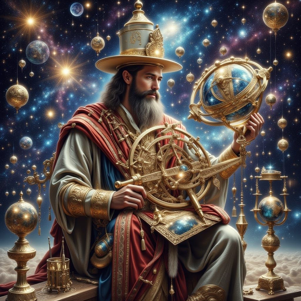 Cosmic Surveyor with Astrolabe in Dreamlike Setting