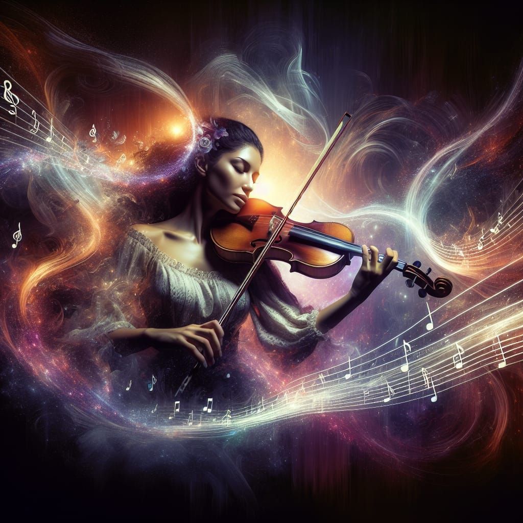Hispanic Violinist in Radiant Light: A Matte Painting