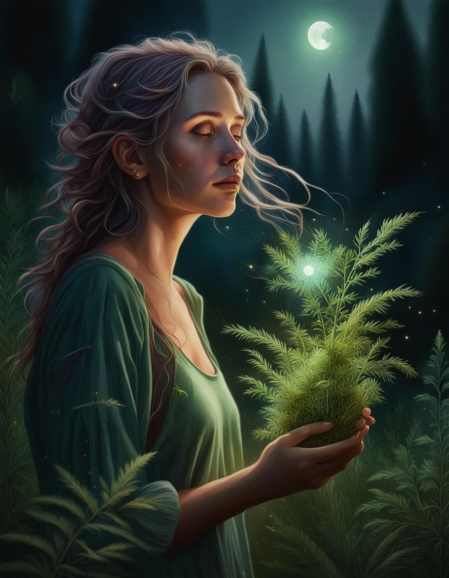 Woman in Wild Herb Garden with Fairy Light