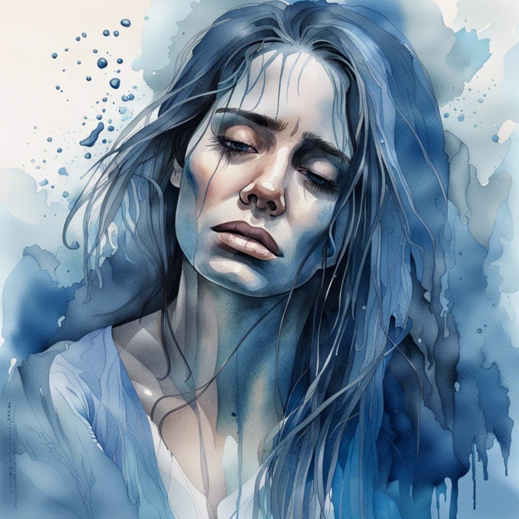 Watercolor Portrait of Grieving Woman in Shades of Blue