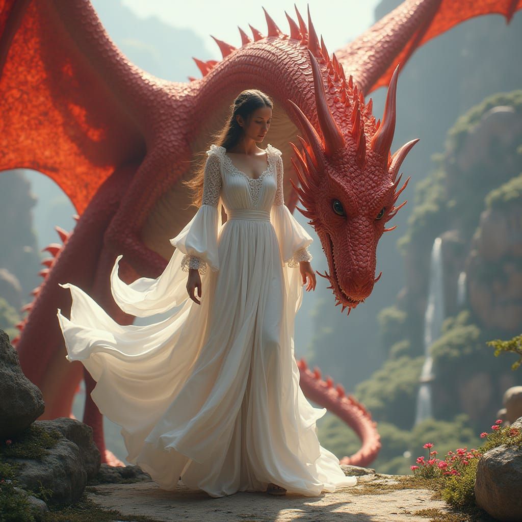 Girl in White with Majestic Red Dragon in Fantasy Landscape