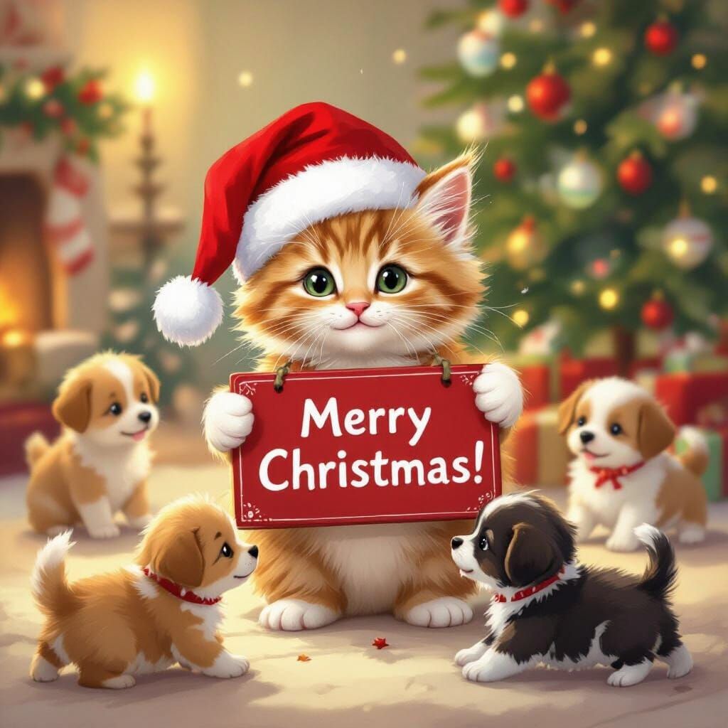 Fluffy Ginger Kitten with Puppies and Kittens in Festive Chr...