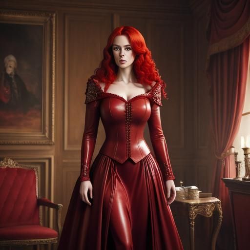 Young Woman in Red Leather Gown, Hyperrealistic Portrait