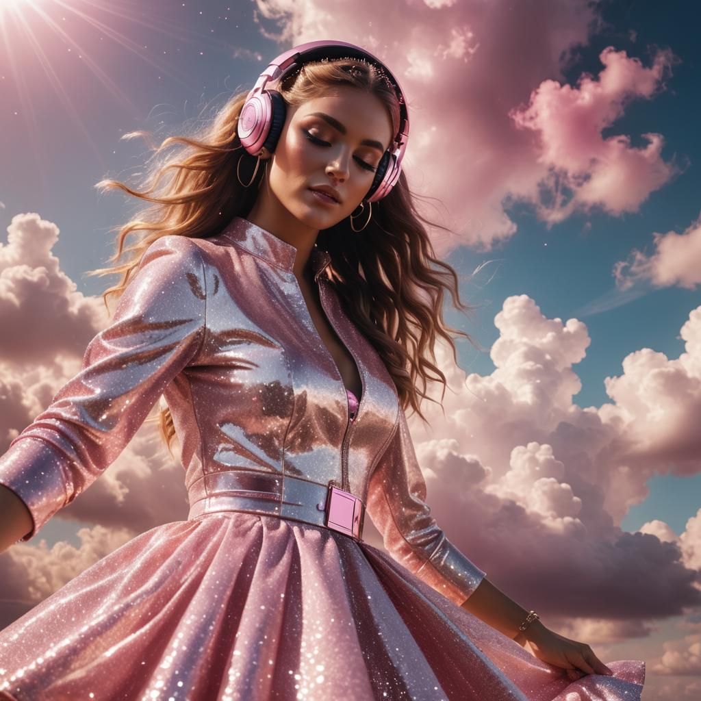 woman wearing high fashion glitter dress with pink DJ set dr...