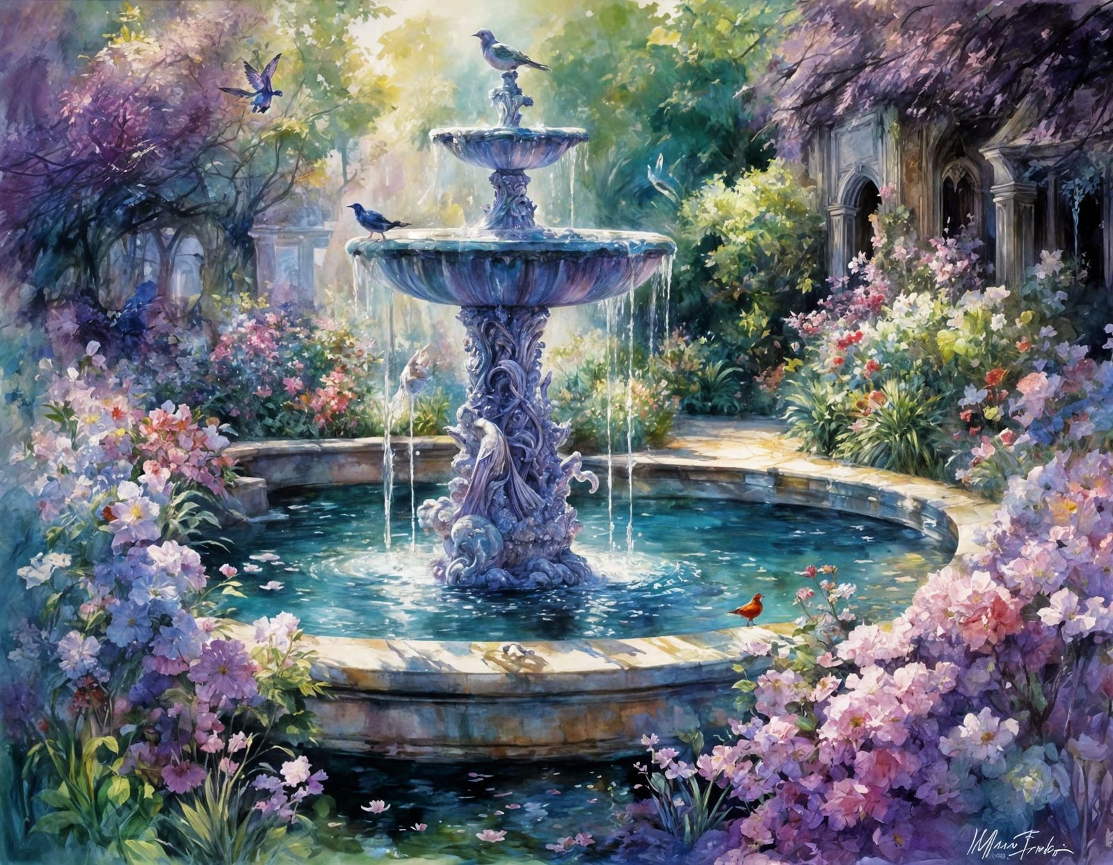 Magical Garden Fountain with Purple Birds in Watercolor