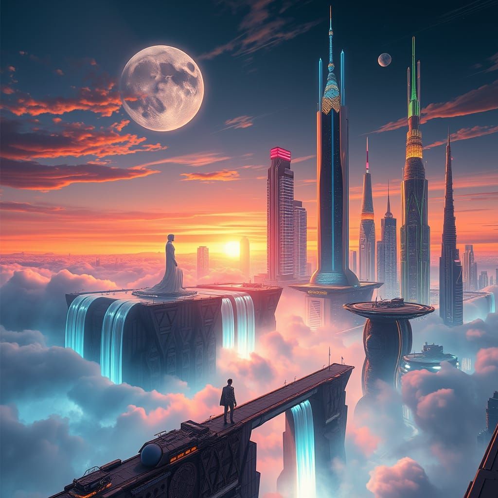 Surreal Futuristic Cityscape at Sunset, Infused with Hyperre...