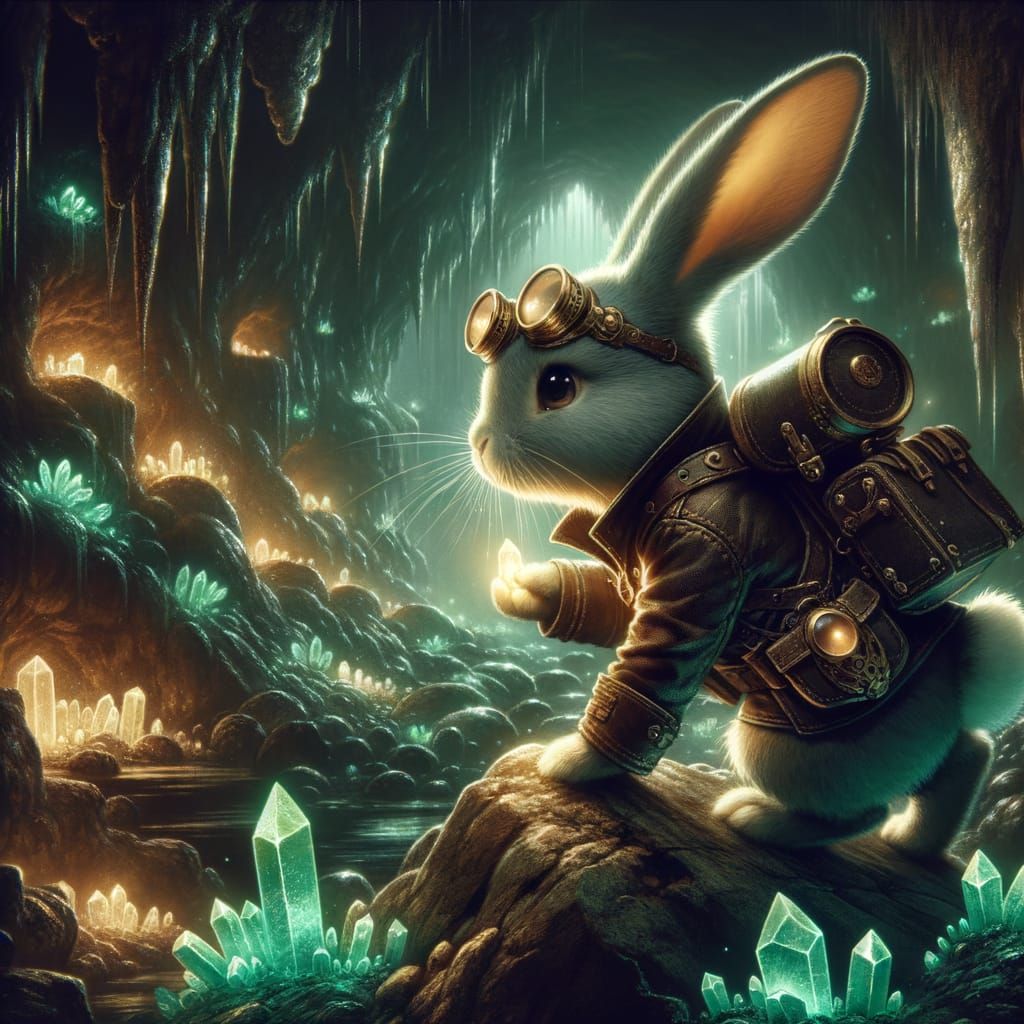 Rabbit Adventurer in Bioluminescent Crystal Cavern
