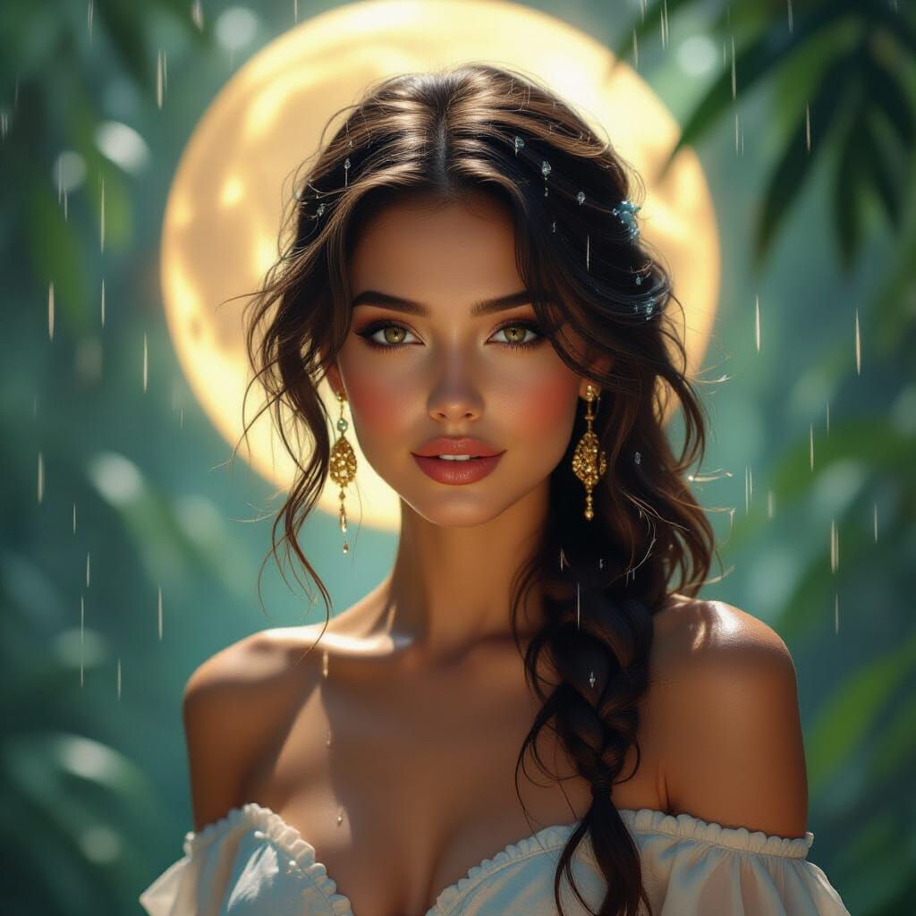Moonlit Rainfall Muse,a radiant beauty with rainbow-tousled hair glows under a silver moon, rain glistening in her stran...