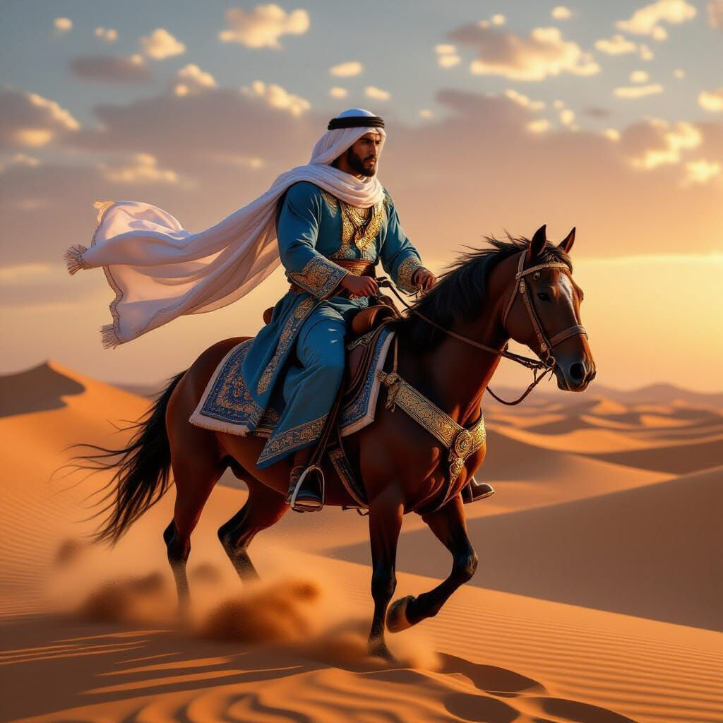 Arab Hero on Horseback in Desert Dunes