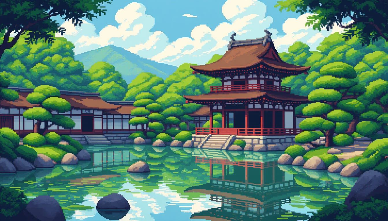 Pixel Art Suizenji Jojuen Garden in 16-Bit Style