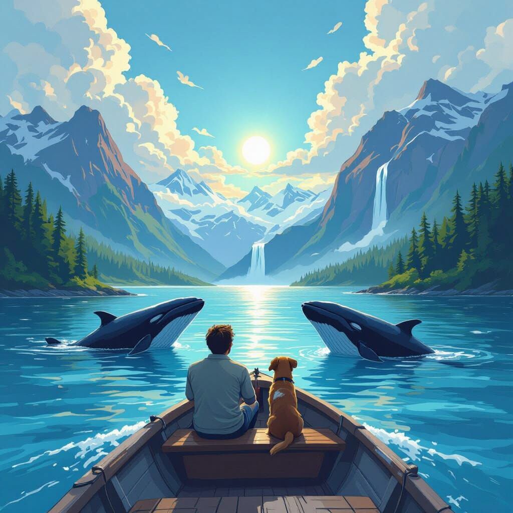 Man and Dog Admire Mountain Waterfall in Dreamy Landscape