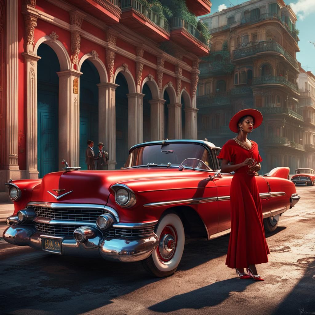 Elegant Cuban Woman in Havana with Red Cadillac