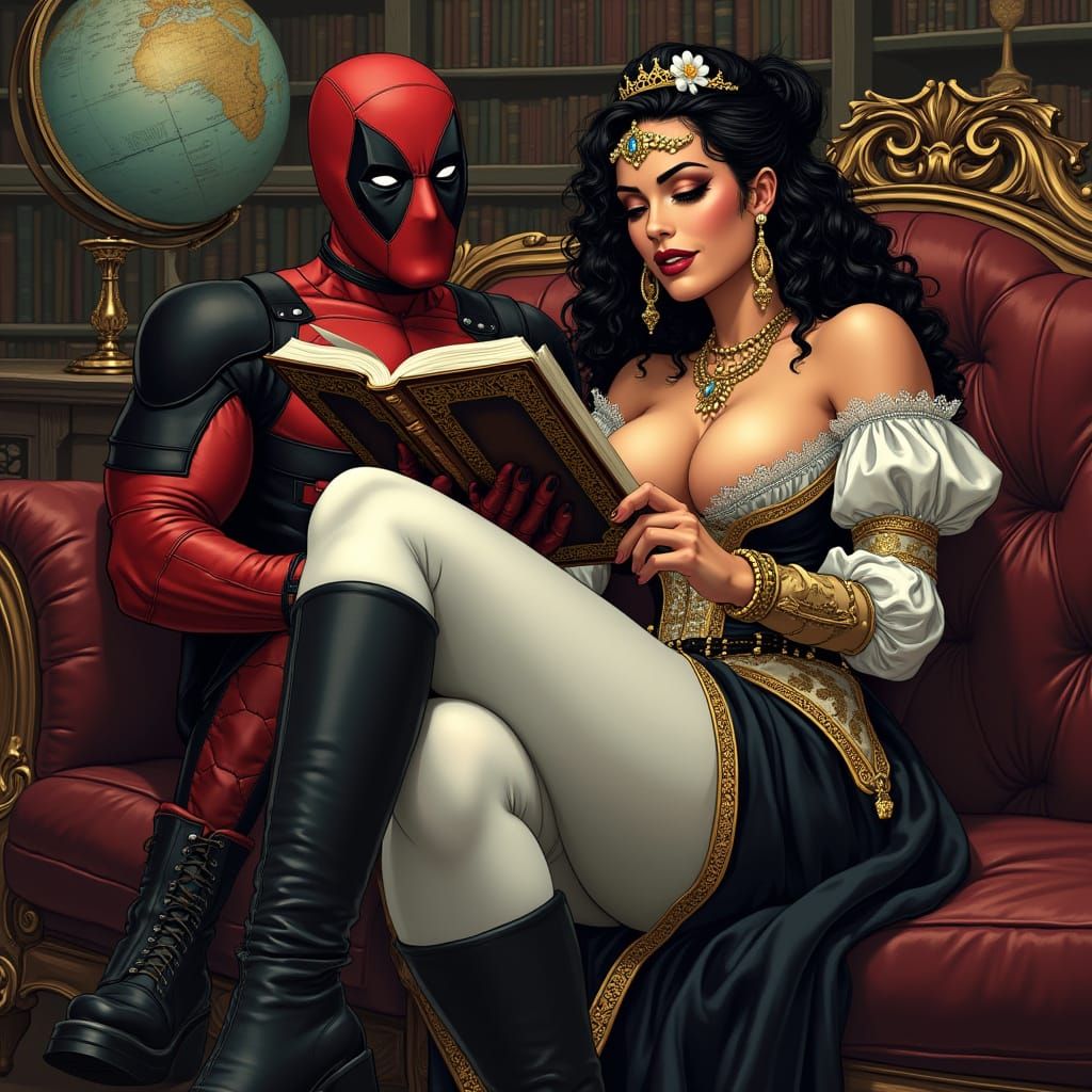 Curvaceous Spanish Princess Reading in Gothic Study