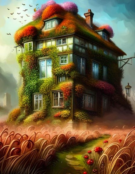 Overgrown House in Heathland: Detailed Matte Painting