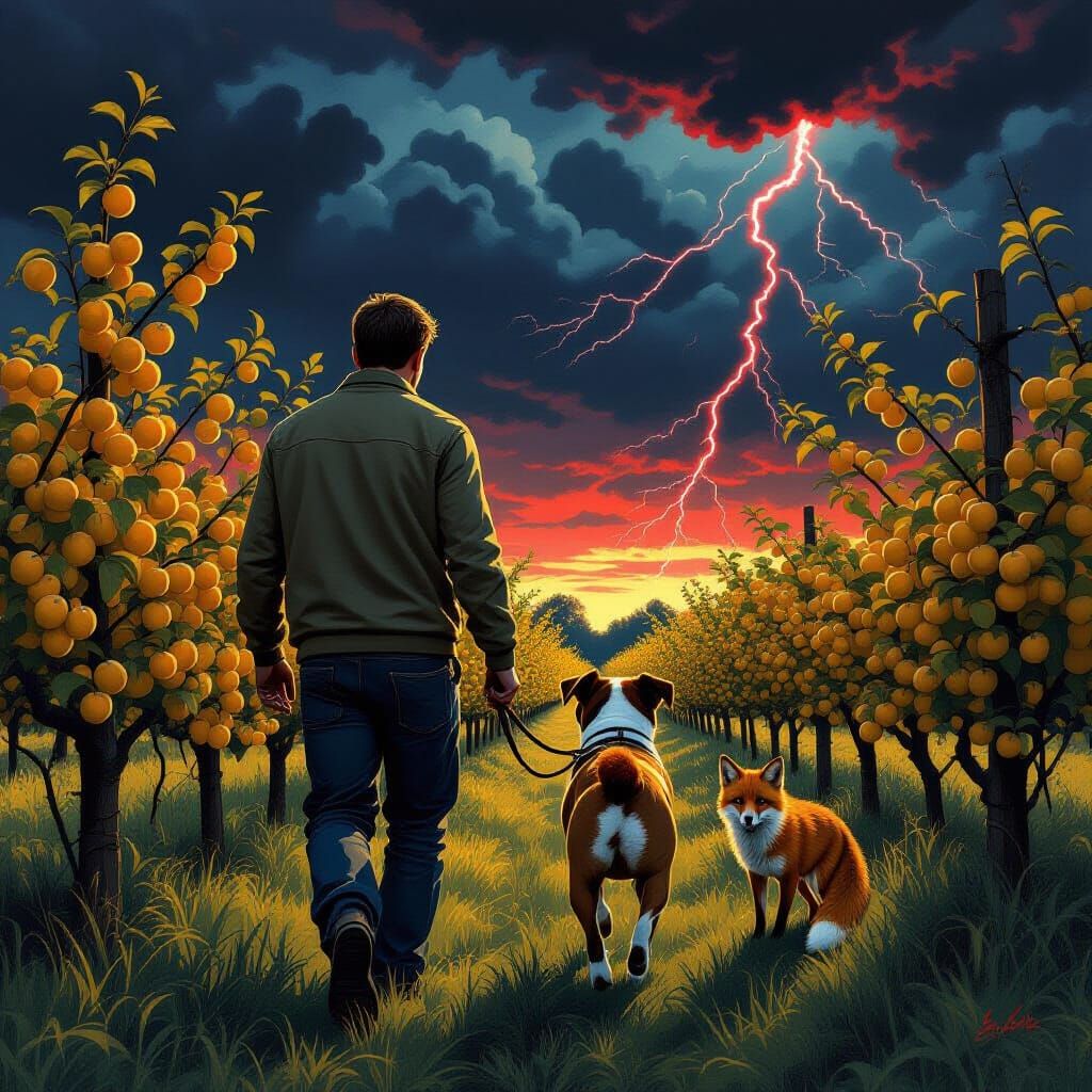 Ominous Orchard Walk with Dog, Digital Art
