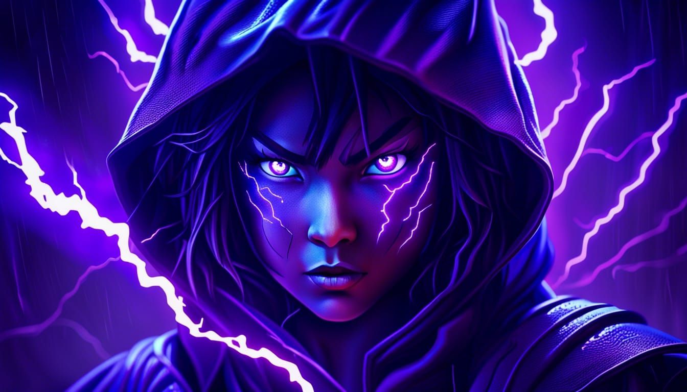 Ninja Girl with Purple Eyes in Rain