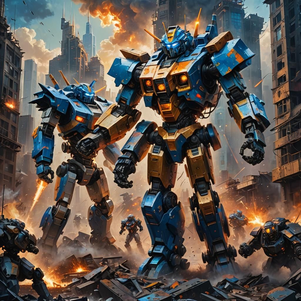 Epic Mecha Clash in Vibrant Oil Painting