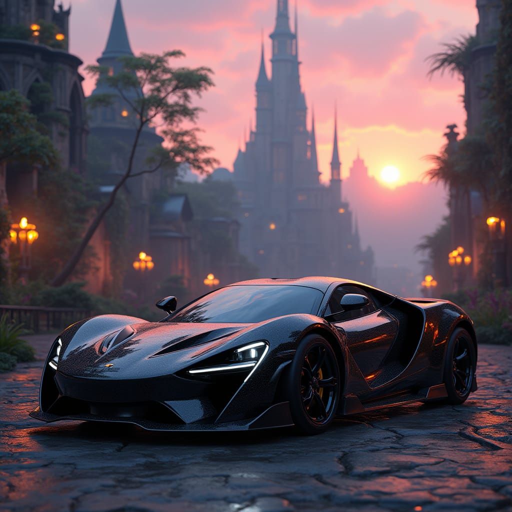 Sleek Sports Car Speeds Through Fantastical Cityscape at Dus...