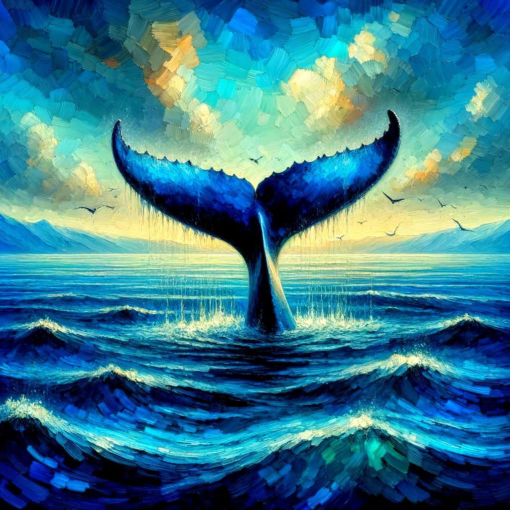 Humpback Whale Dive: Serene Post-Impressionist Oil Painting