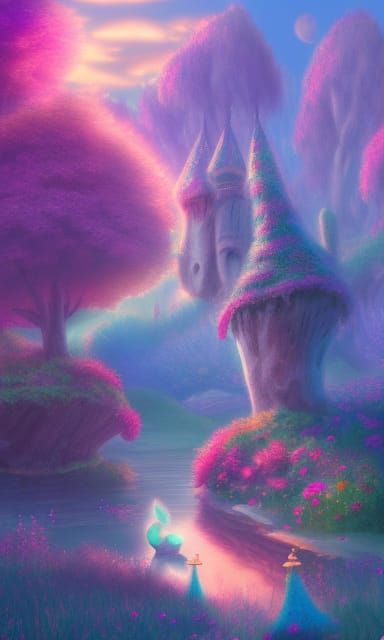 Whimsical Fairy Wonderland storybook illustration trending on Artstation landscape twilight