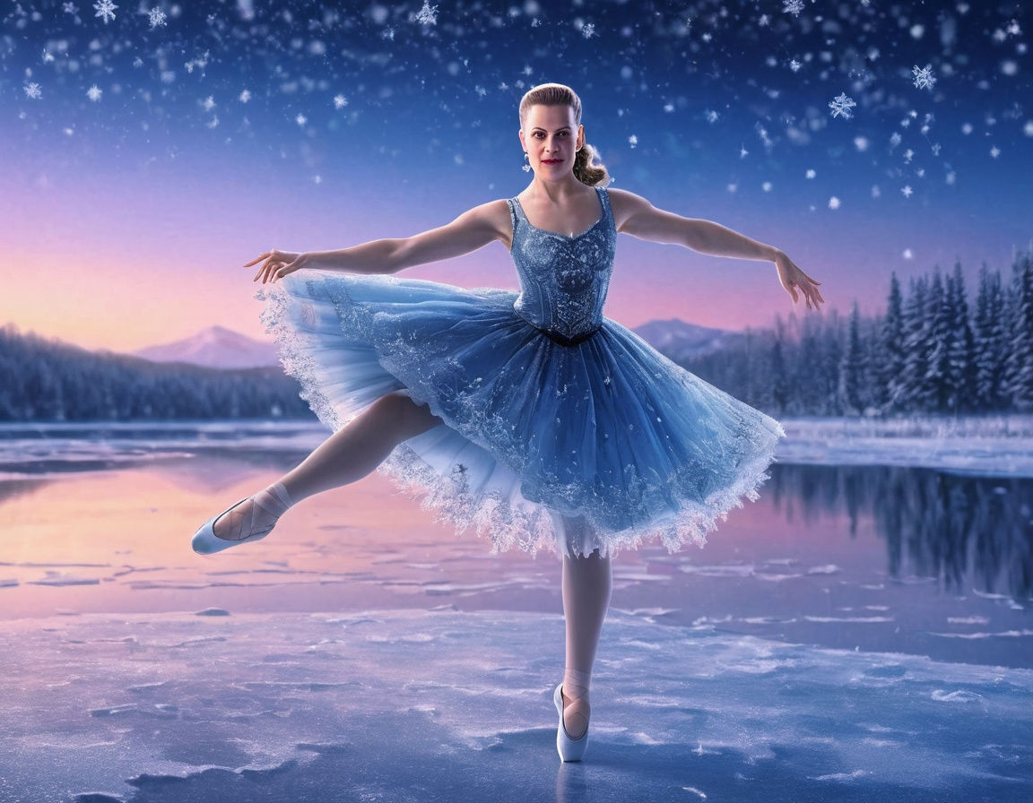 Ethereal Ballet Dancer on Frozen Lake under Starry Night Sky