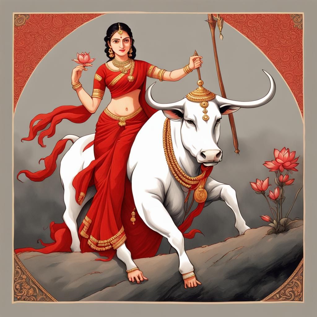 Goddess Riding a Bull in Snow, Oil Painting