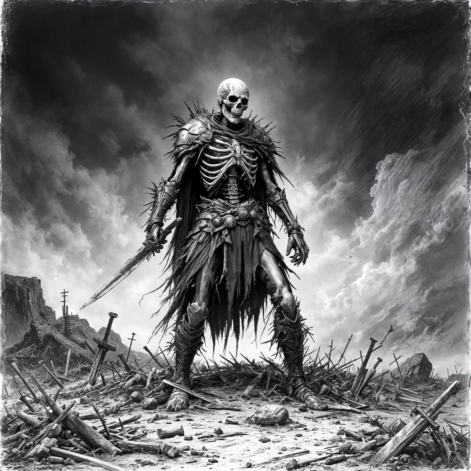 Skeleton Warrior on Desolate Battlefield in Charcoal Style