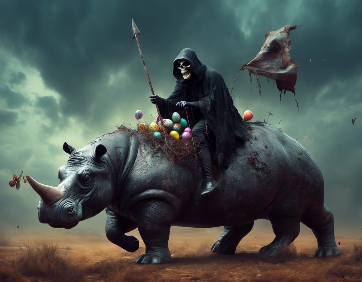 Grim Reaper Riding a Hippopotamus with Easter Eggs