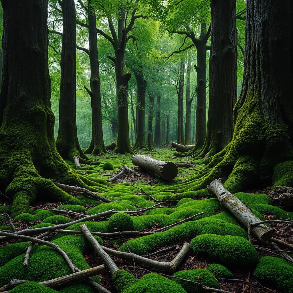 Serene Forest Interior with Mossy, Twisted Trees