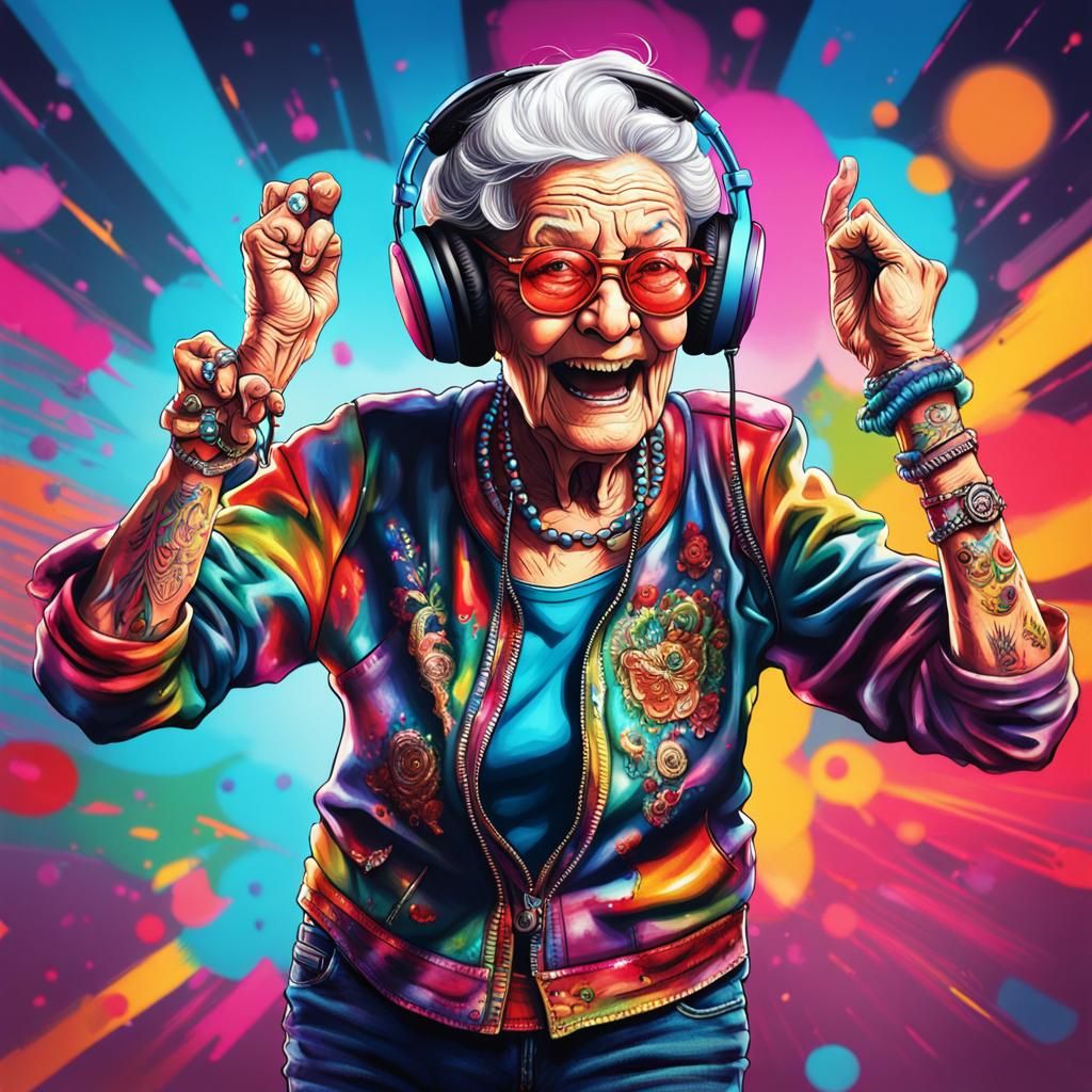 Hyperrealistic Grandma Rocker Dancing in Discotheque