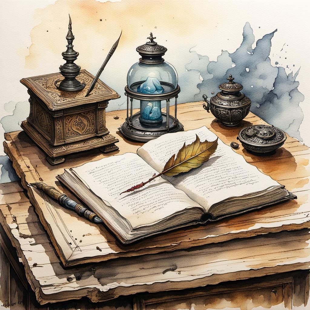Magic Book and Quill in Watercolor and Ink