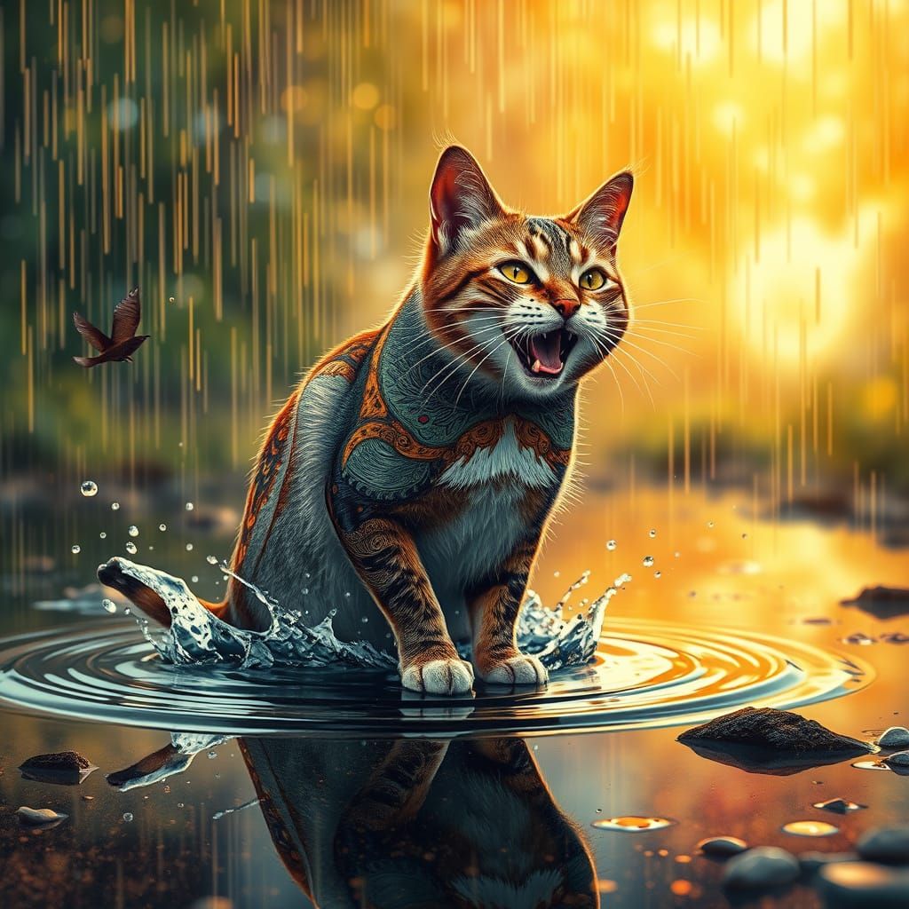 Cat Splashing in Summer Rain: Surreal Bio Art