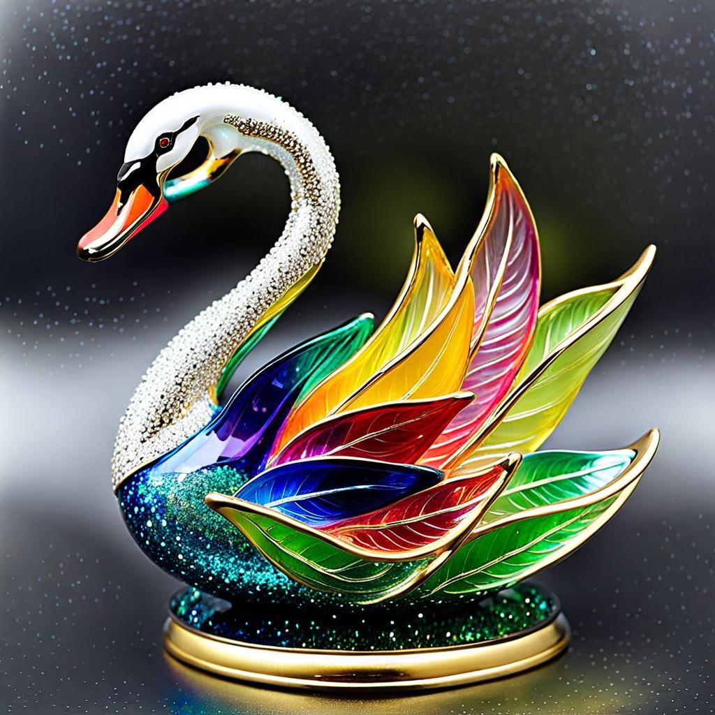 Enameled Glass Swan Figurine: Intricate Fantasy Artwork