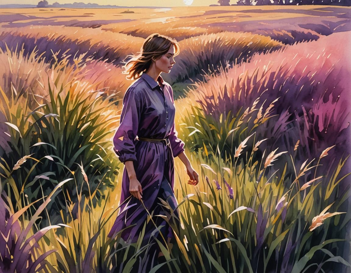 Woman in Golden Field: Watercolour Gouache Painting