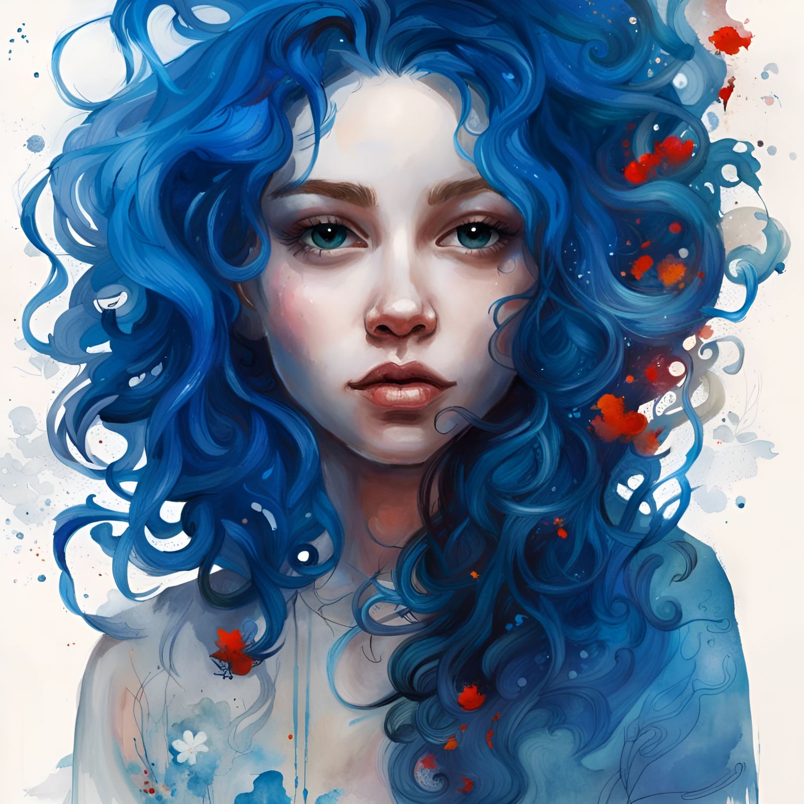 Dutch Girl with Wild Blue Hair, Detailed Gouache Painting