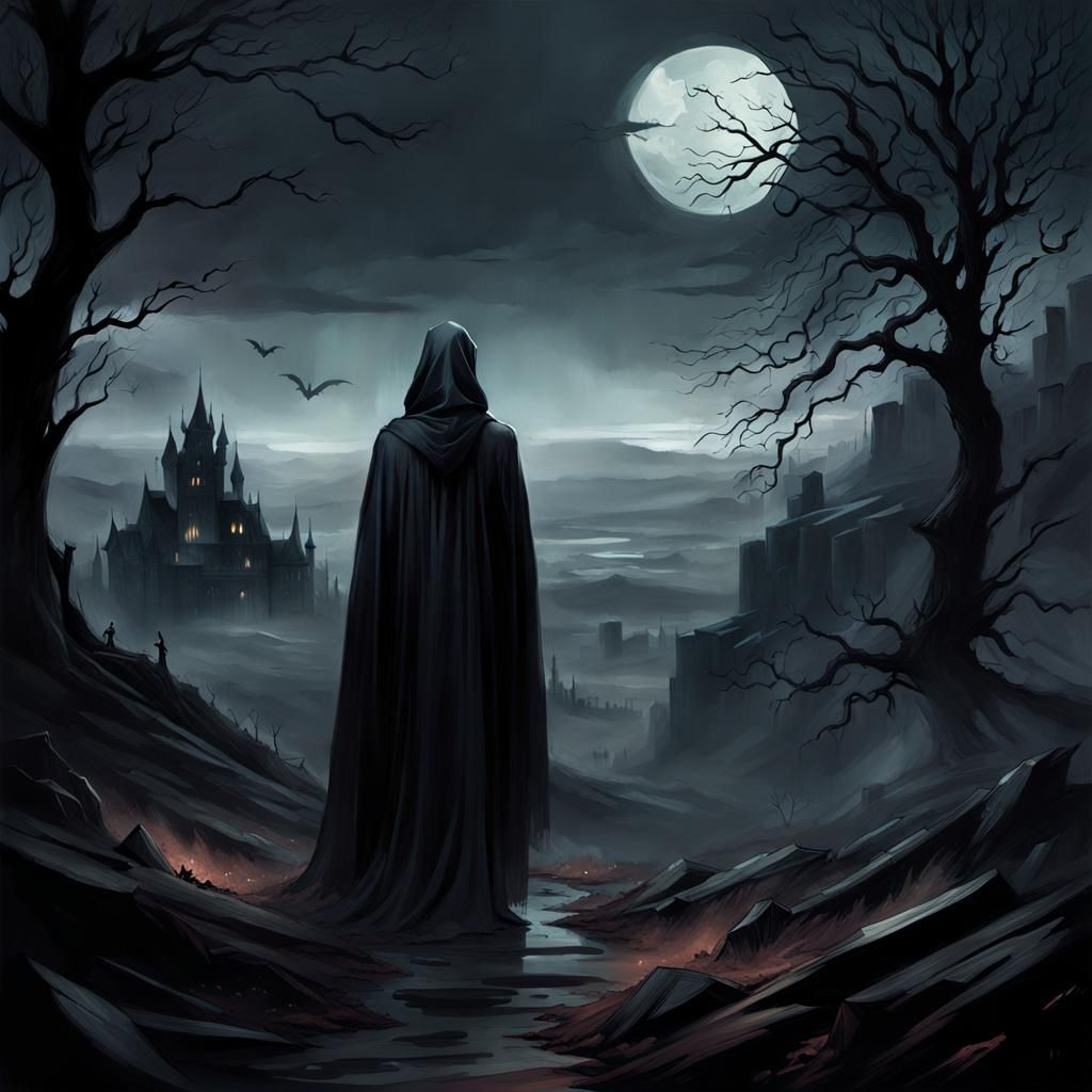Eerie Haunted Landscape Illustration in Somber Colors